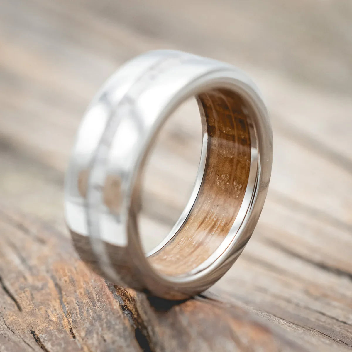 "Nirvana" - Antler Wedding Ring Featuring A Whiskey Barrel Lined Band - Titanium (8mm) - Size 10
