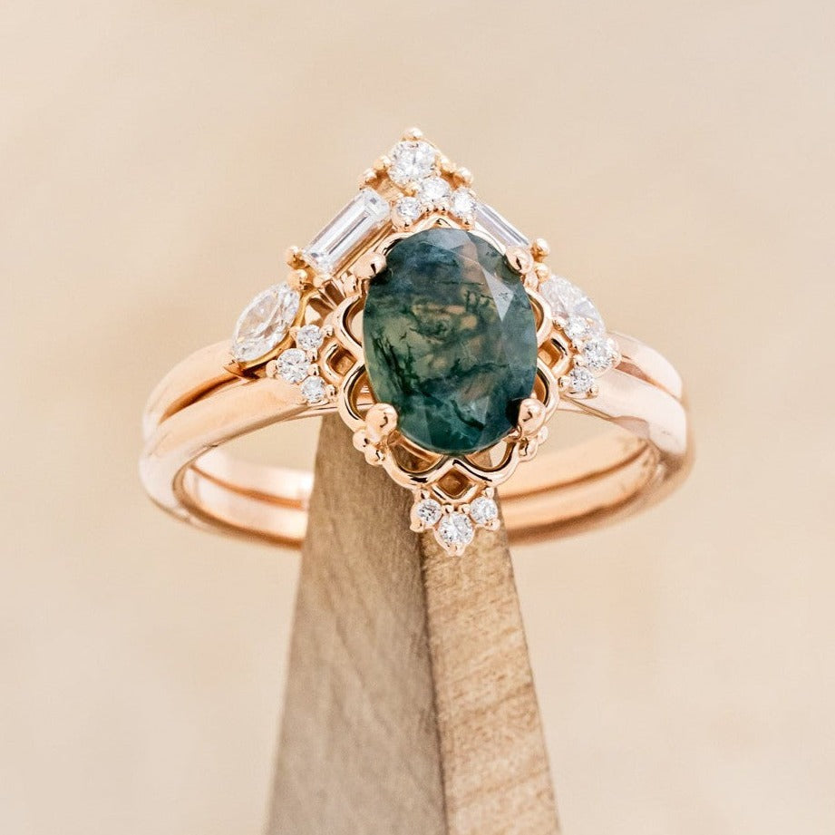 "Treva" - Oval Cut Moss Agate Engagement Ring With Diamond Accents & "Melody" Tracer
