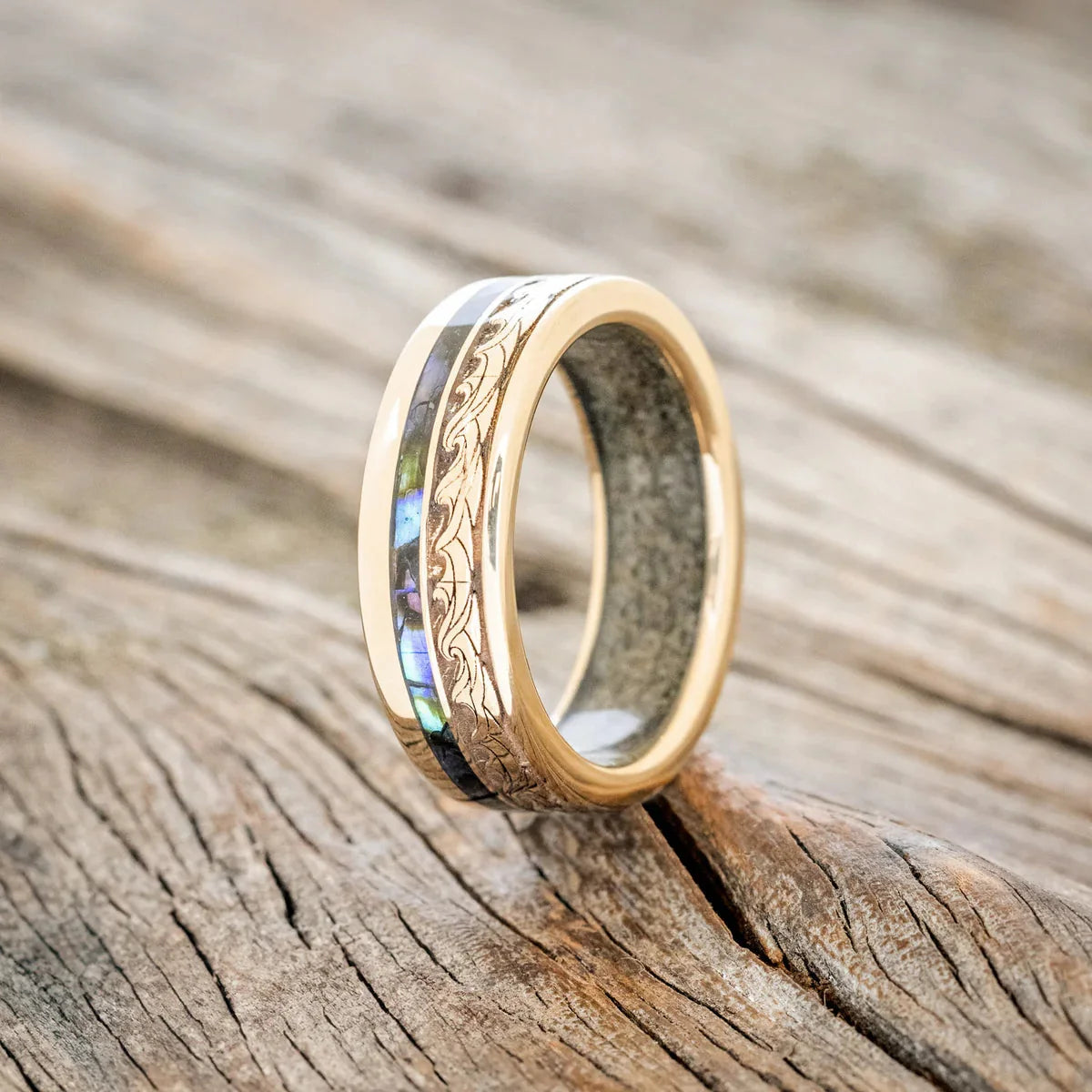 "Triton" - Wave Engraved Wedding Band With Paua Shell & Sand Lining - 14K Yellow Gold (8mm) - Size 11 1/4