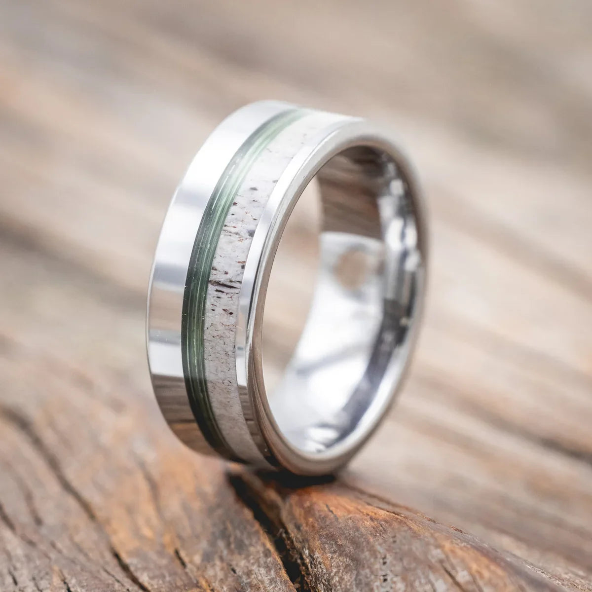 "Tanner" - Green Mono Fishing Line & Antler Wedding Band - Tungsten (8mm) - Size 9 1/2
