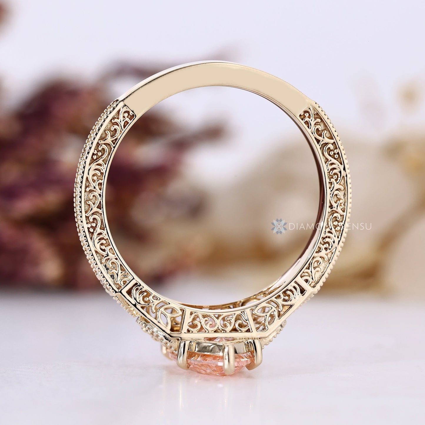 Pink Marquise Art Deco Ring with Round Side Stones and Milgrain Details