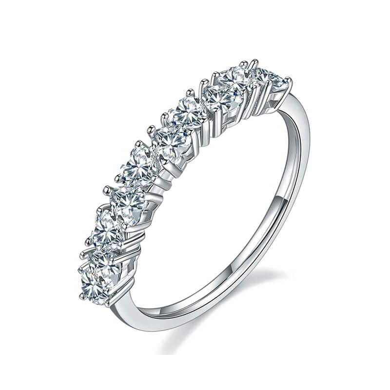 Ten Stone Heart Moissanite Half Eternity Wedding Band Ring In Sterling Silver