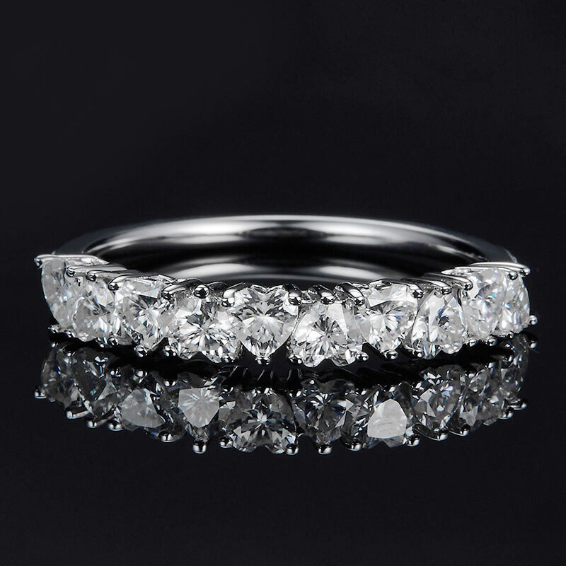 Ten Stone Heart Moissanite Half Eternity Wedding Band Ring In Sterling Silver