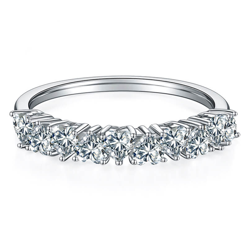 Ten Stone Heart Moissanite Half Eternity Wedding Band Ring In Sterling Silver