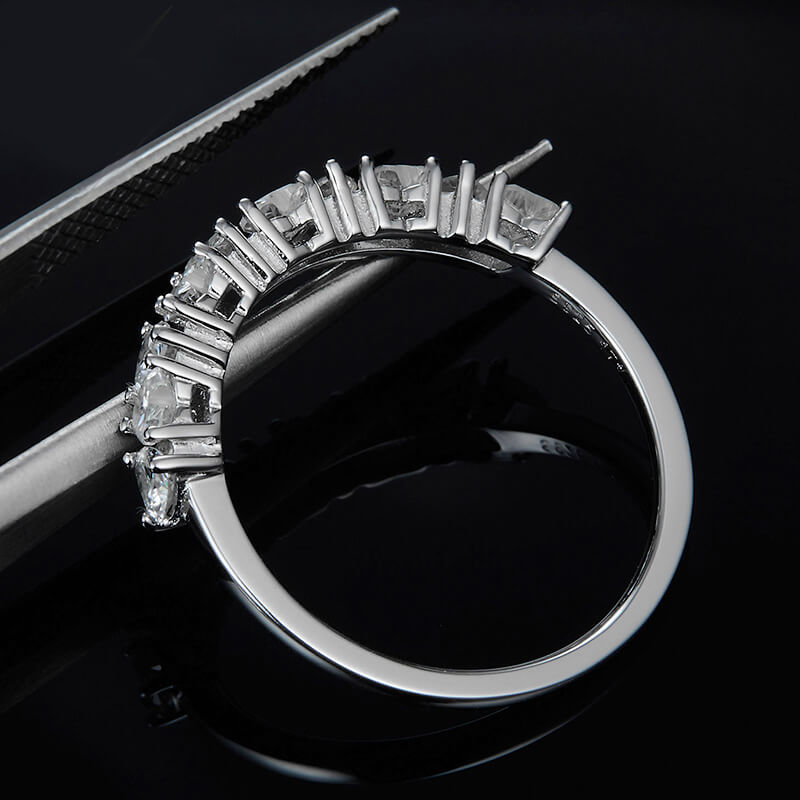 Ten Stone Heart Moissanite Half Eternity Wedding Band Ring In Sterling Silver