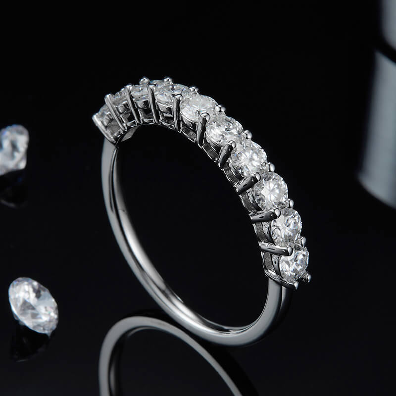 Ten Stone Moissanite Half Eternity Wedding Band Ring In Sterling Silver