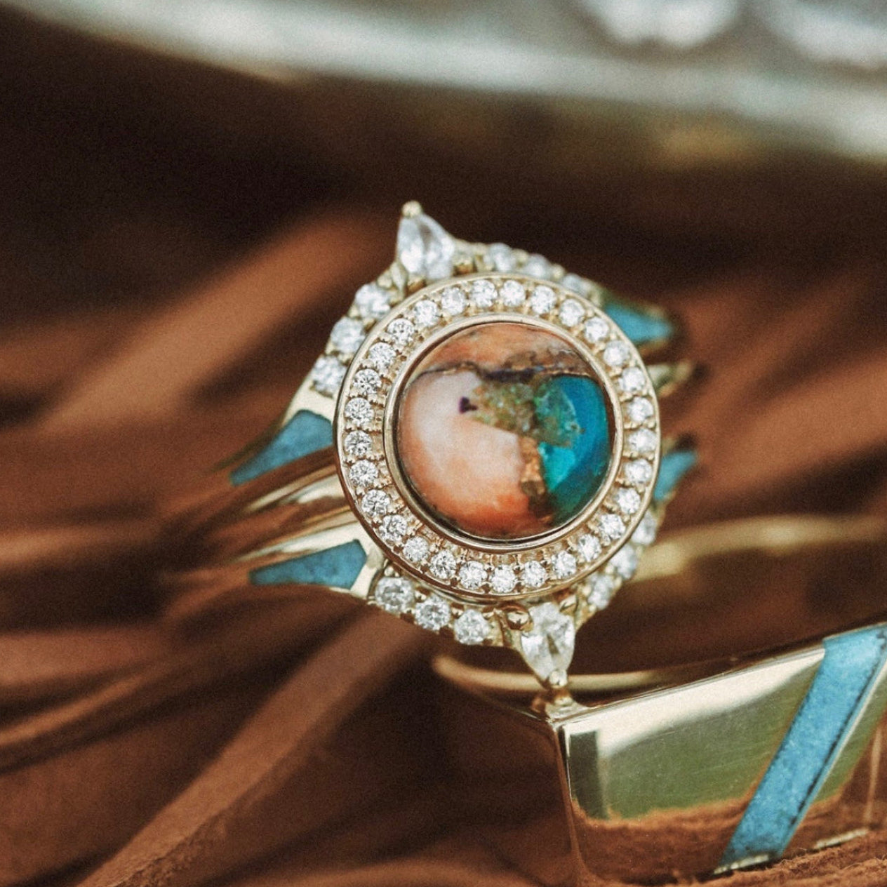 "Terra" - Bridal Suite - Round Cabochon Cut Turquoise Engagement Ring With Diamond Halo & Sama Tracers