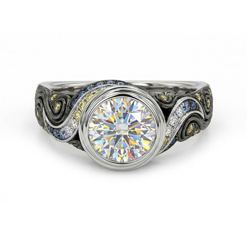 "The Starry Night" Inspired Bezel Moissanite Blue & Yellow Sapphire Engagement Ring