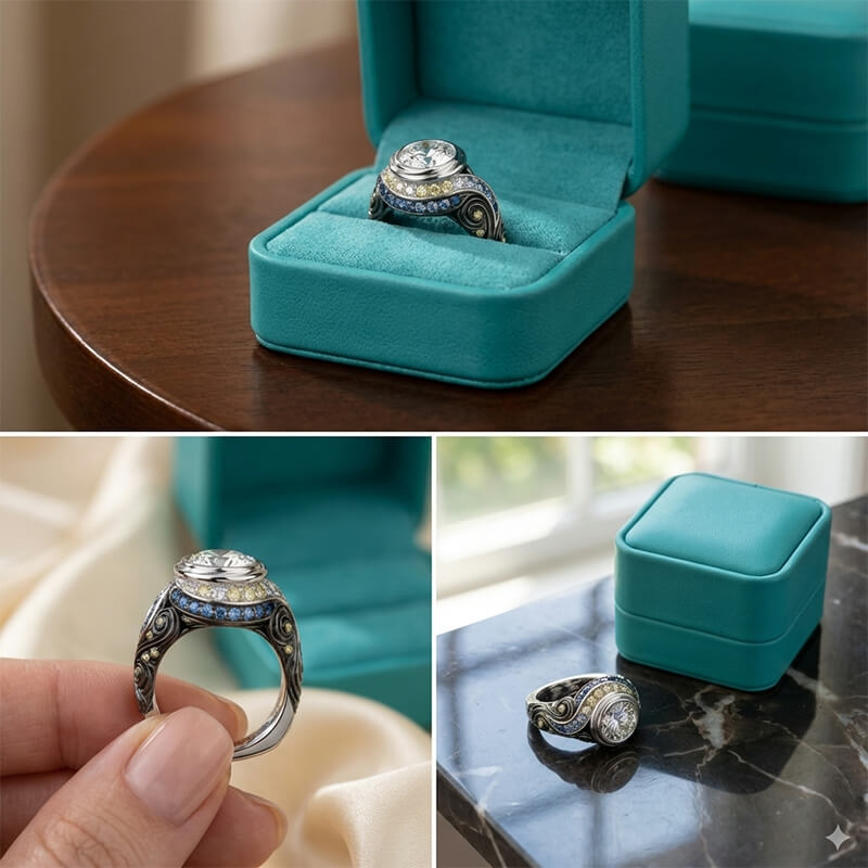 "The Starry Night" Inspired Bezel Moissanite Blue & Yellow Sapphire Engagement Ring