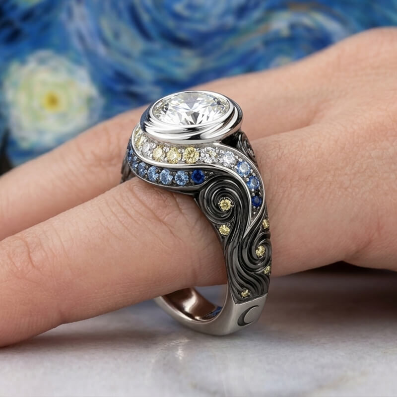 "The Starry Night" Inspired Bezel Moissanite Blue & Yellow Sapphire Engagement Ring