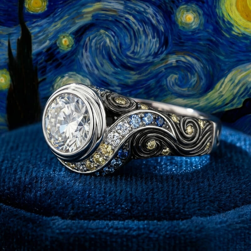 "The Starry Night" Inspired Bezel Moissanite Blue & Yellow Sapphire Engagement Ring