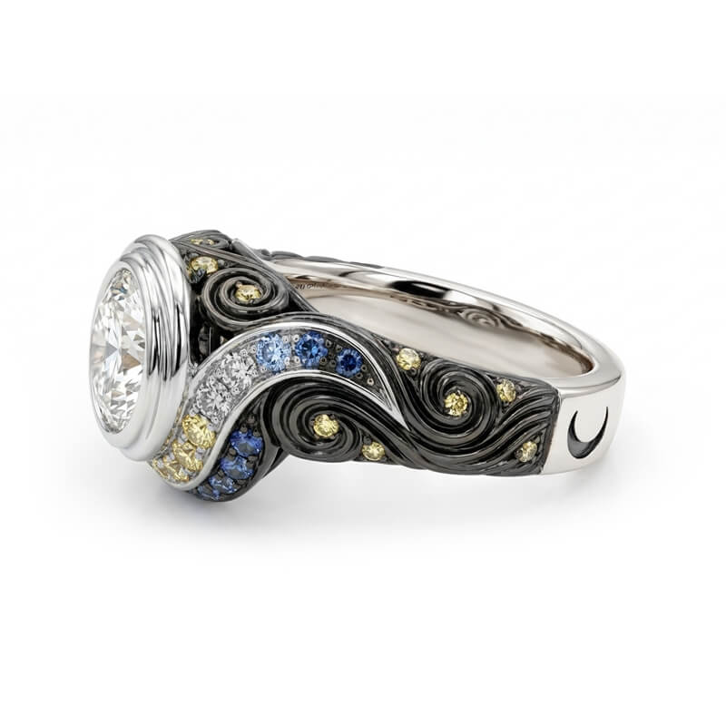 "The Starry Night" Inspired Bezel Moissanite Blue & Yellow Sapphire Engagement Ring