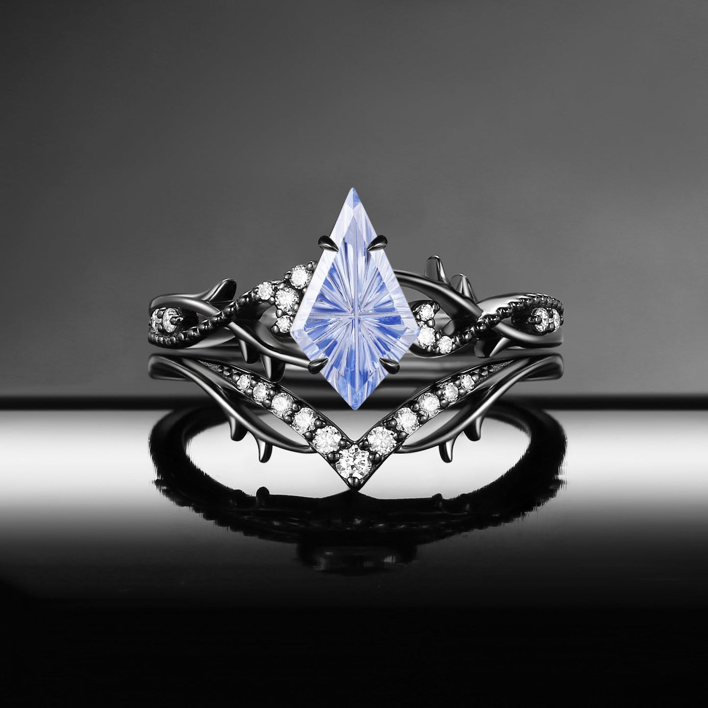 Thorns & Roses - Fantasy Carved  Gothic Nature Inspired Kite Lab Cornflower Sapphire Twisted Vine Engagement Ring Set 2pcs