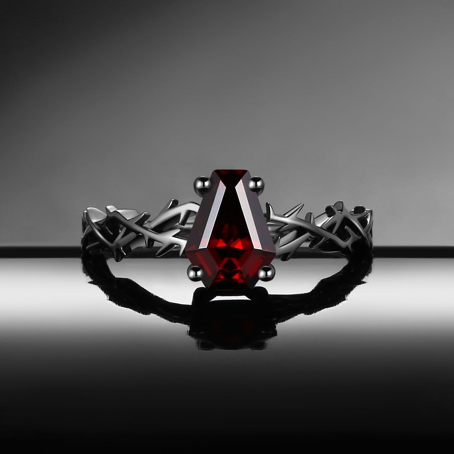 Thorns & Roses - Nature Inspired Coffin Cut Garnet Twisted Engagement Ring with Thorn-inspired Band