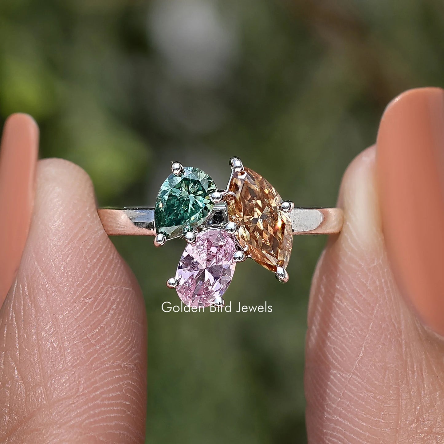 Three Stone Moissanite Gemstone Engagement Ring