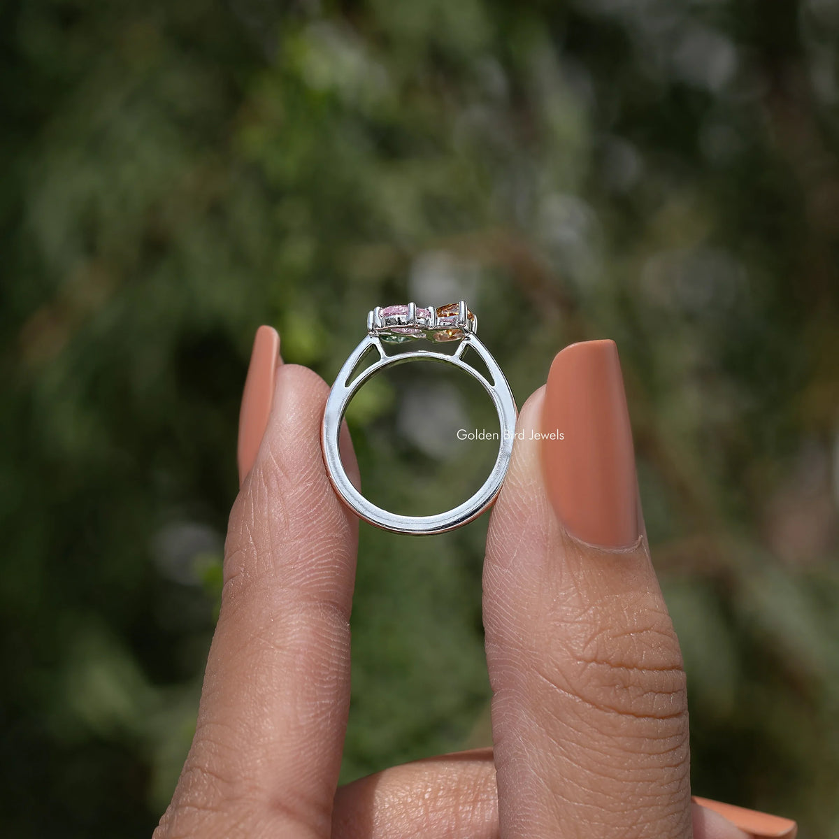 Three Stone Moissanite Gemstone Engagement Ring