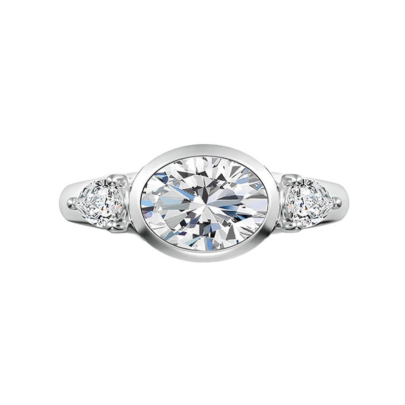 Three-Stone East-West Bezel Oval Moissanite and Pear Sapphire Engagement Ring