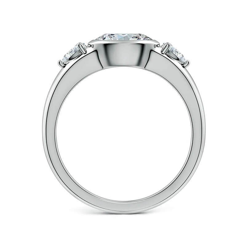 Three-Stone East-West Bezel Oval Moissanite and Pear Sapphire Engagement Ring
