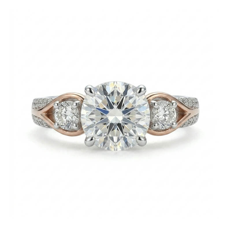 Three-Stone Moissanite Rose Gold Split Pave Shank Engagement Ring