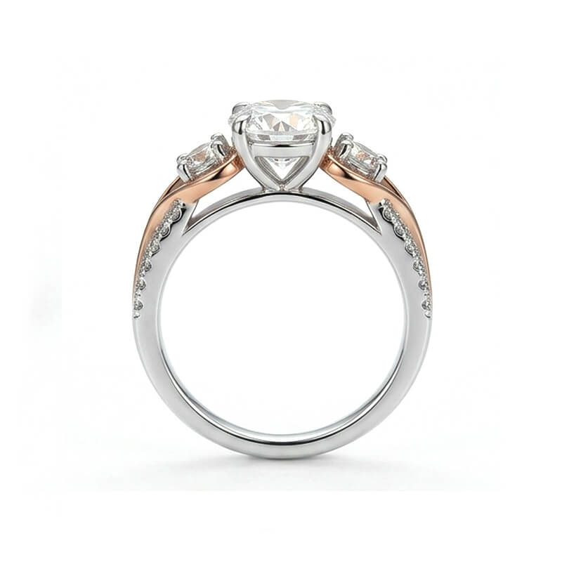Three-Stone Moissanite Rose Gold Split Pave Shank Engagement Ring