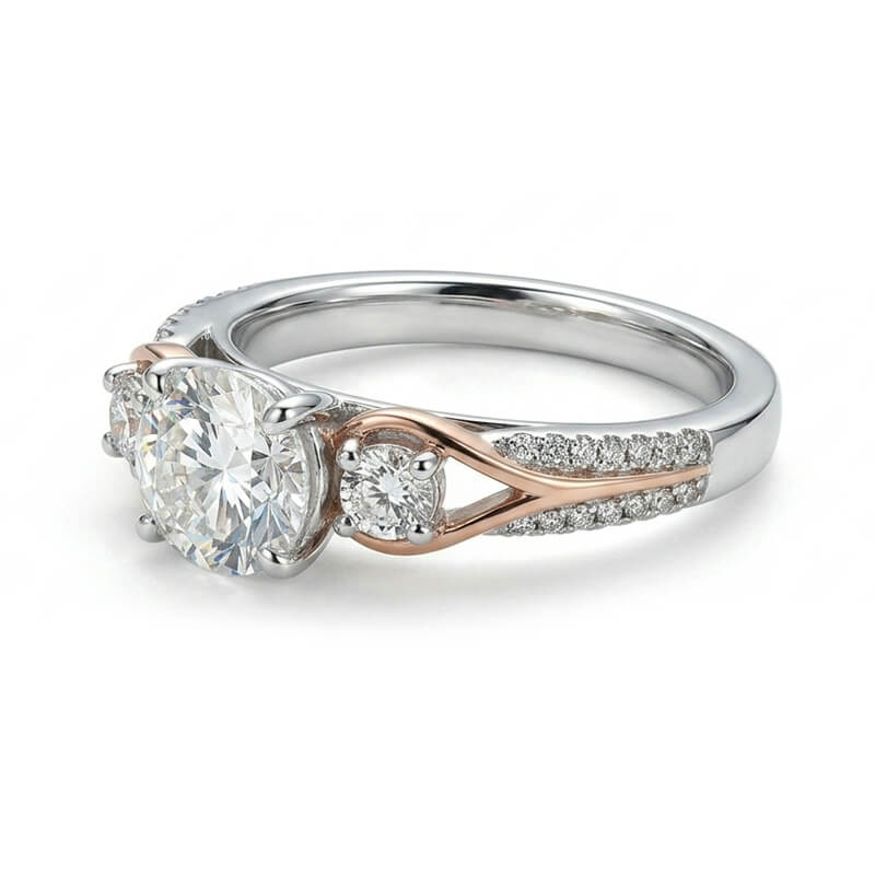 Three-Stone Moissanite Rose Gold Split Pave Shank Engagement Ring
