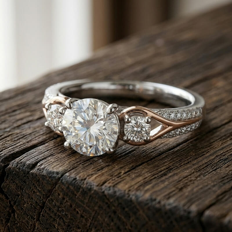 Three-Stone Moissanite Rose Gold Split Pave Shank Engagement Ring