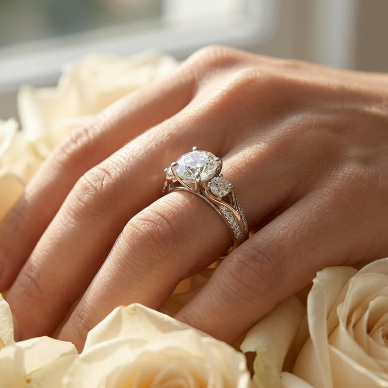 Three-Stone Moissanite Rose Gold Split Pave Shank Engagement Ring