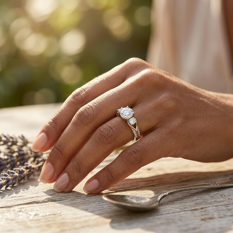 Three-Stone Moissanite Rose Gold Split Pave Shank Engagement Ring