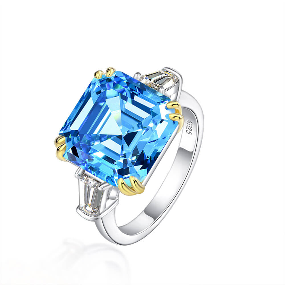Three Stone Asscher Created Sapphire Tapered Baguette Sterling Silver Ring