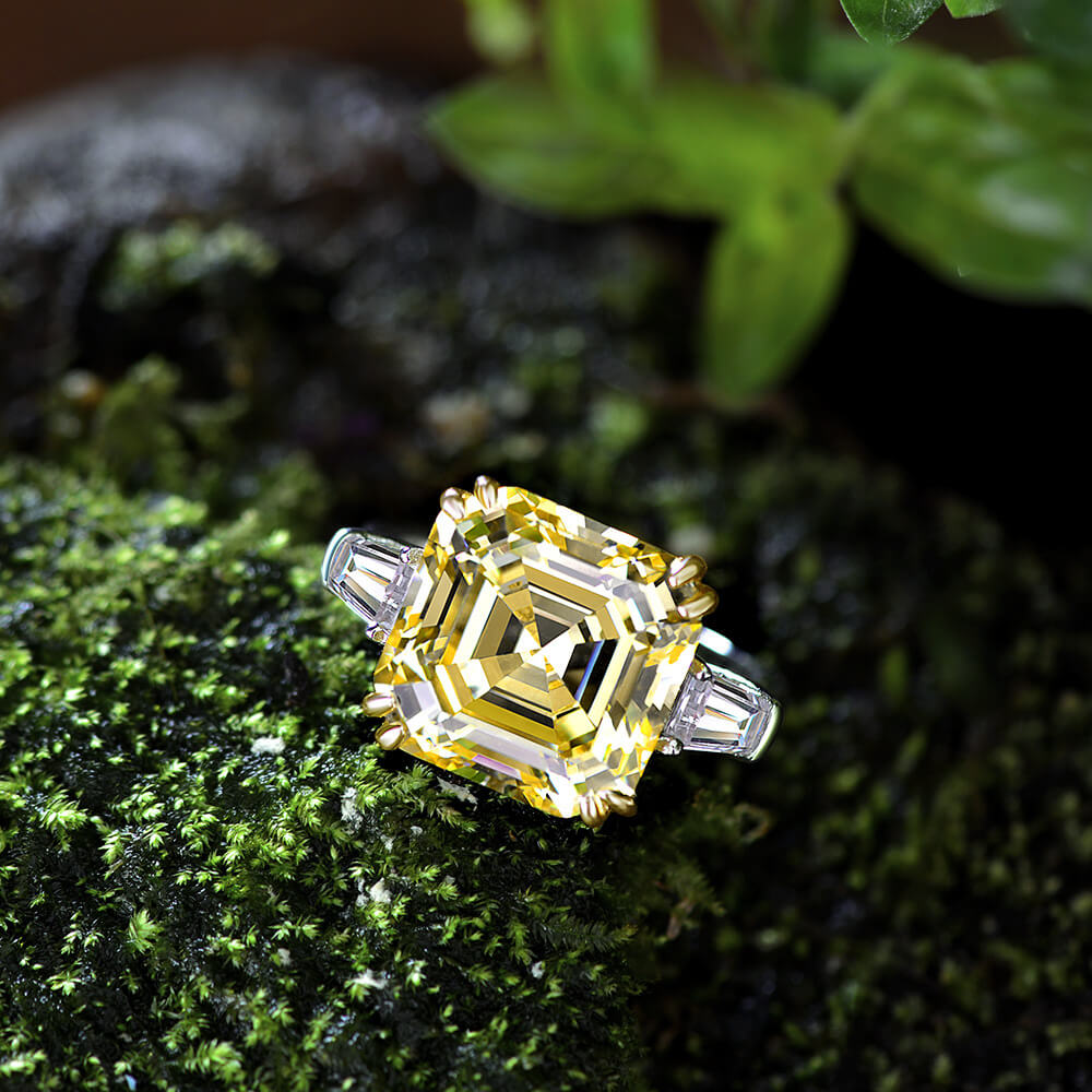 Three Stone Asscher Created Sapphire Tapered Baguette Sterling Silver Ring