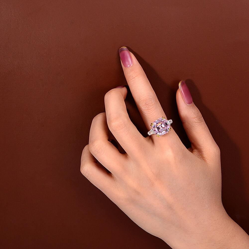 Three Stone Asscher Created Sapphire Tapered Baguette Sterling Silver Ring