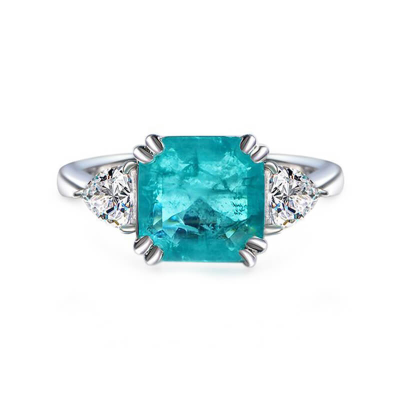 Three Stone Asscher Cut Paraiba Sterling Silver Ring