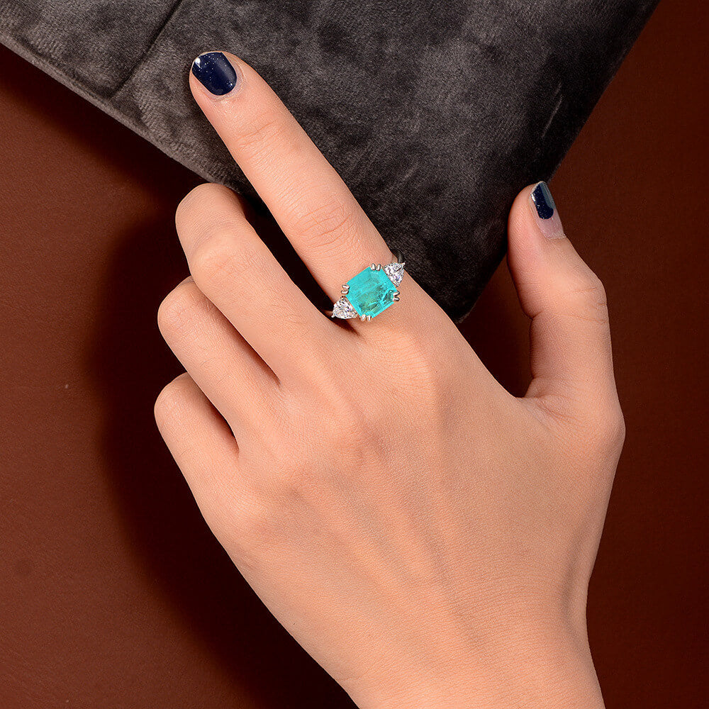 Three Stone Asscher Cut Paraiba Sterling Silver Ring
