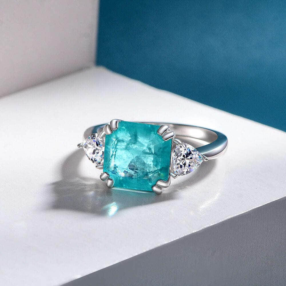 Three Stone Asscher Cut Paraiba Sterling Silver Ring
