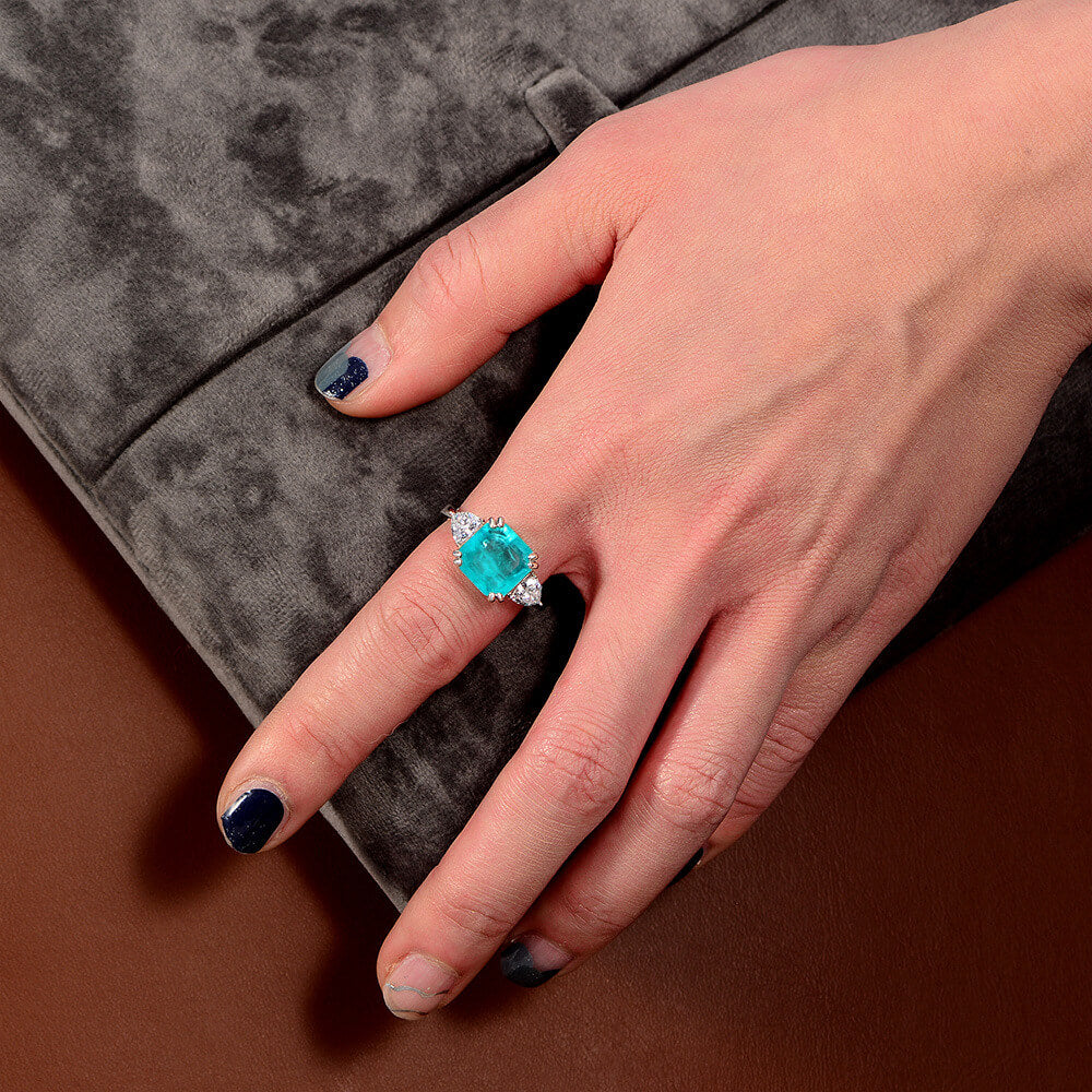 Three Stone Asscher Cut Paraiba Sterling Silver Ring