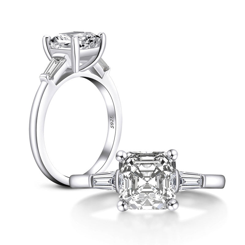 Three Stone Asscher Moissanite Tapered Baguette Engagement Ring