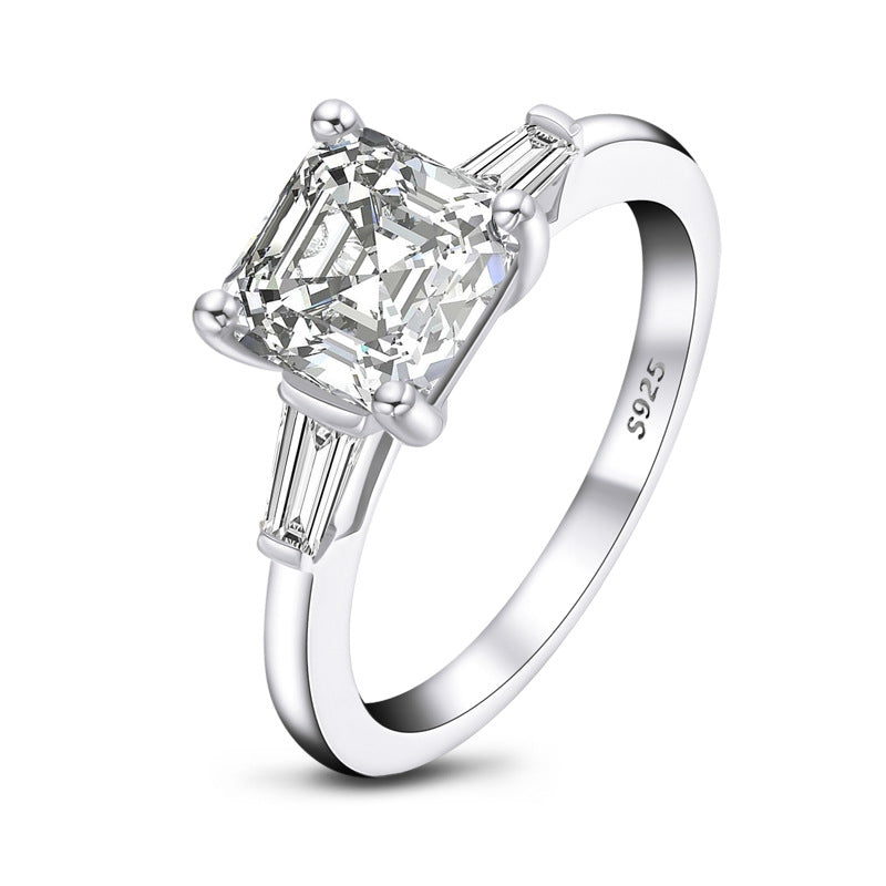 Three Stone Asscher Moissanite Tapered Baguette Engagement Ring
