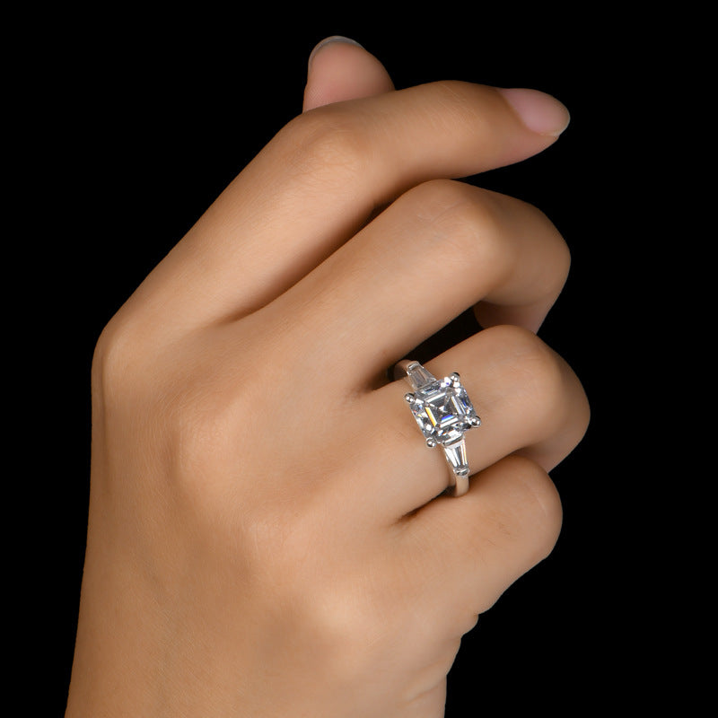Three Stone Asscher Moissanite Tapered Baguette Engagement Ring