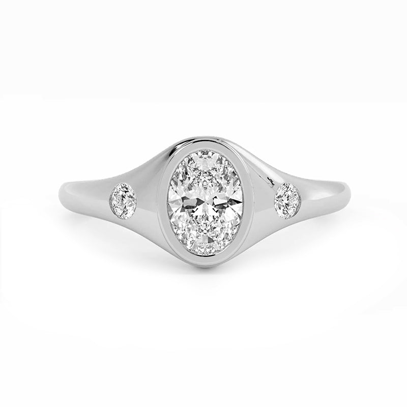 Three Stone Bezel Oval Moissanite Signet Engagement Ring