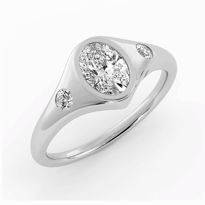 Three Stone Bezel Oval Moissanite Signet Engagement Ring