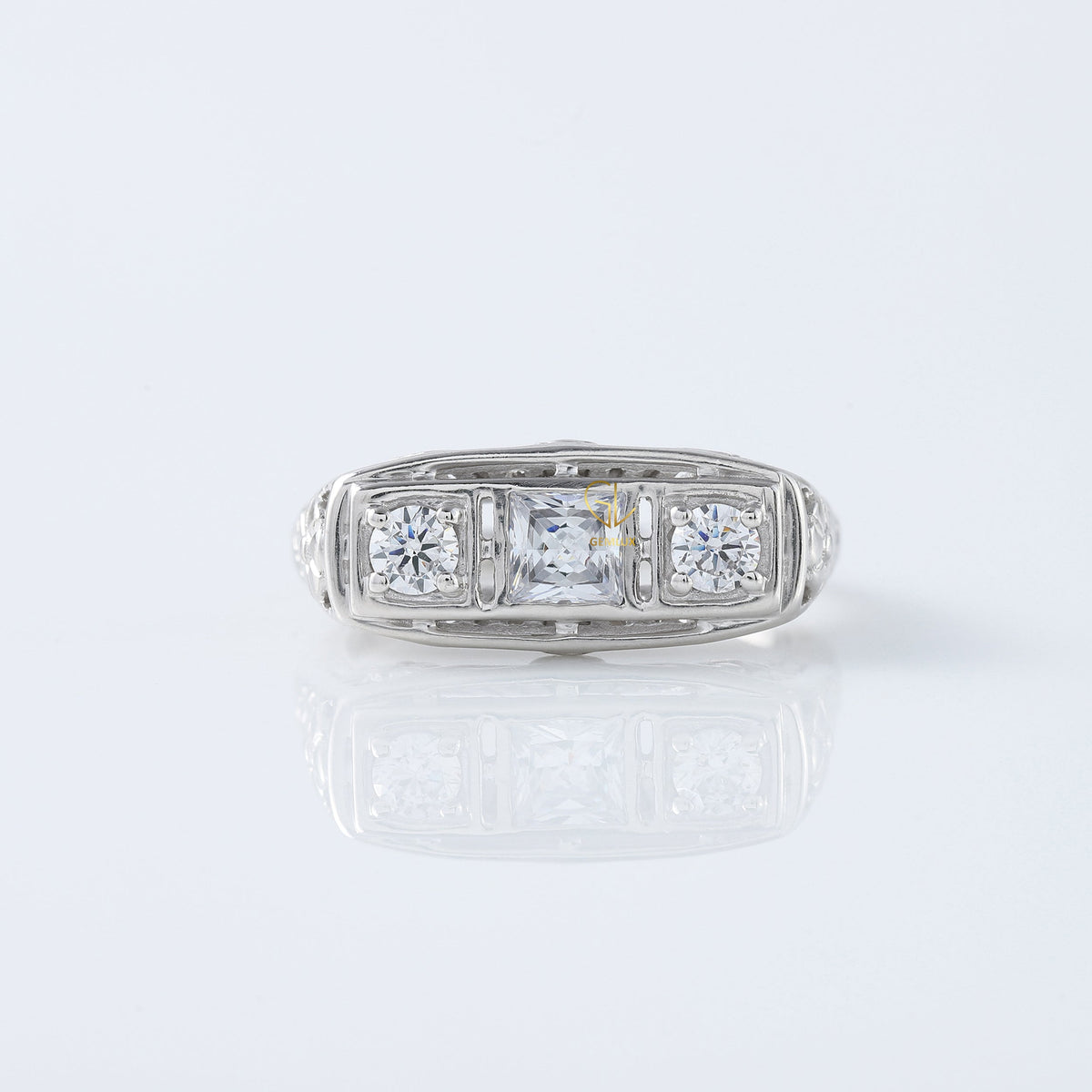 Three Stone Circa 1930's Vintage Princess Cut Lab Grown Edwardian Ring