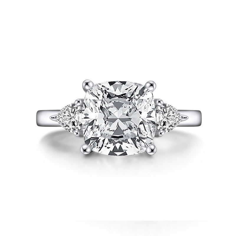 Three Stone Cushion Moissanite Trillion Side Stone Engagement Ring
