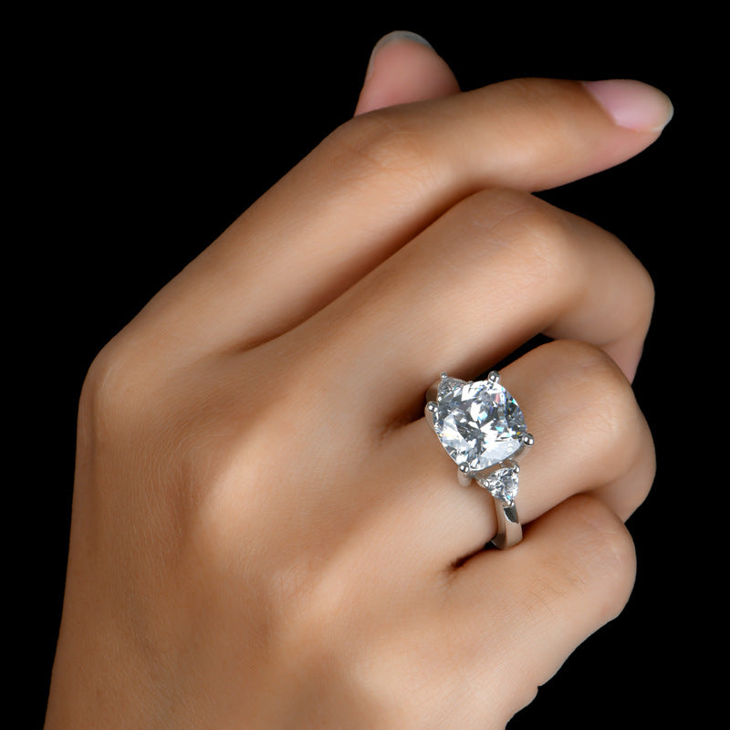 Three Stone Cushion Moissanite Trillion Side Stone Engagement Ring