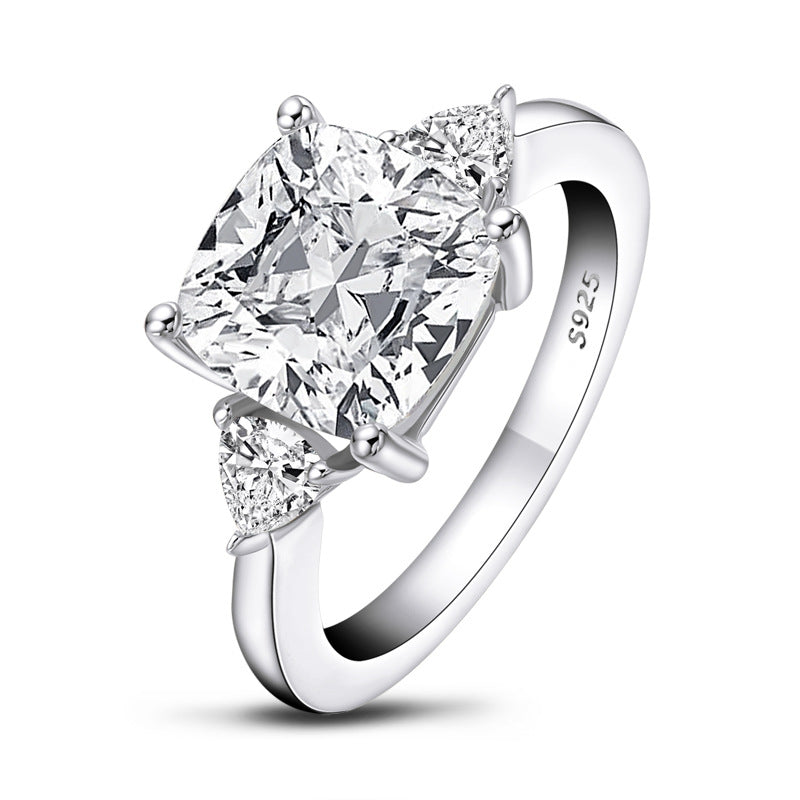Three Stone Cushion Moissanite Trillion Side Stone Engagement Ring