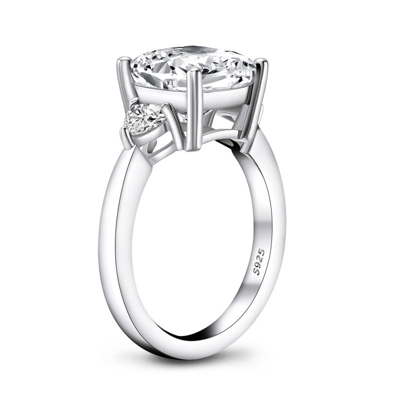 Three Stone Cushion Moissanite Trillion Side Stone Engagement Ring