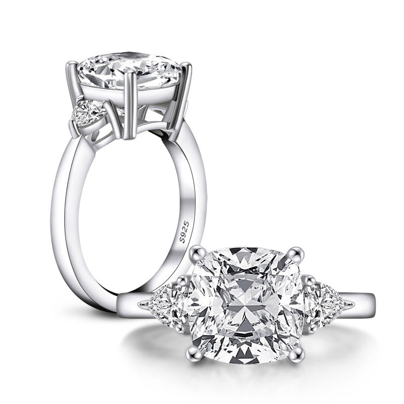Three Stone Cushion Moissanite Trillion Side Stone Engagement Ring