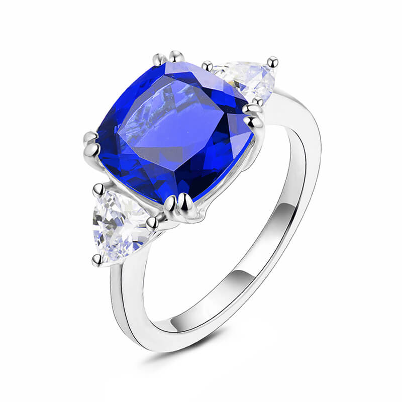 Three Stone Cushion Sapphire Engagement Ring In Sterling Silver