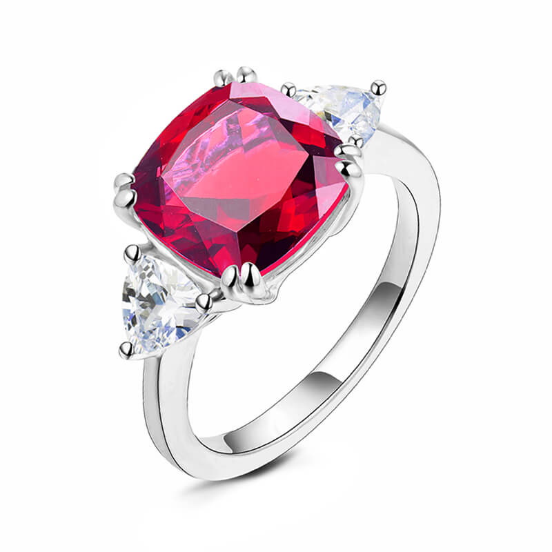 Three Stone Cushion Sapphire Engagement Ring In Sterling Silver