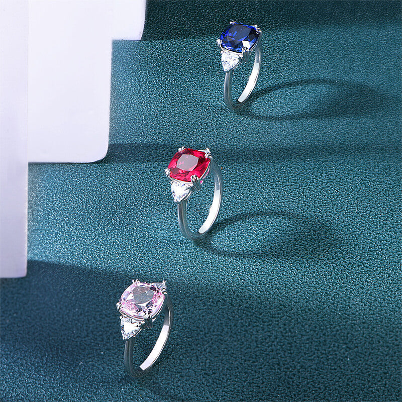 Three Stone Cushion Sapphire Engagement Ring In Sterling Silver
