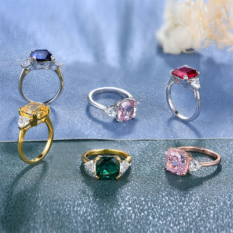 Three Stone Cushion Sapphire Engagement Ring In Sterling Silver